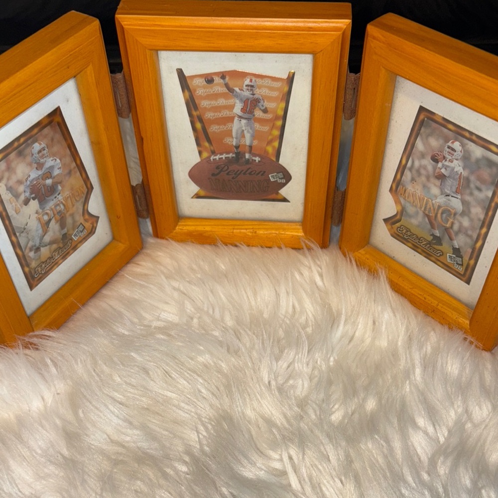 Wooden Triple Photo Frame with Sports Memorabilia (Peyton Manning)